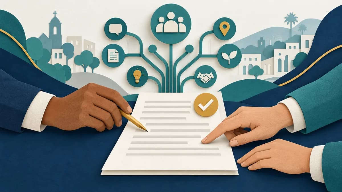 Ilustração de duas pessoas revisando um documento com apoio de uma rede abstrata de informações