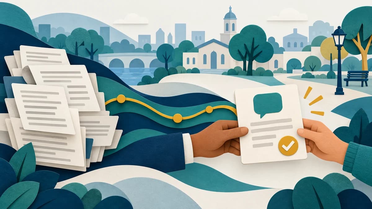 Ilustração de documentos técnicos que se transformam em uma resposta clara entregue ao cidadão