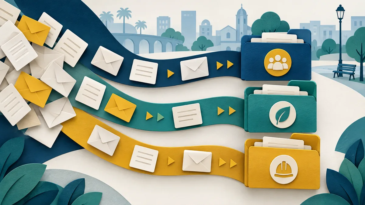 Ilustração de relatos organizados em caminhos que levam a pastas de serviços municipais
